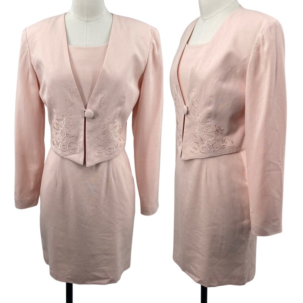 Vintage 90s Embroidered Matching Set Mini Dress Cropped Jacket Linen Blend Pink